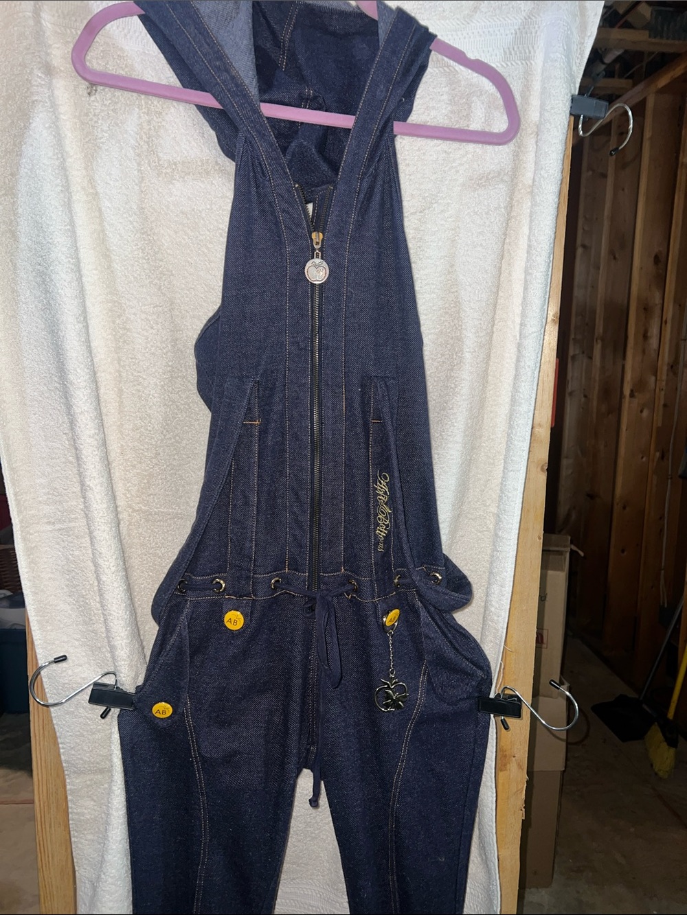 Rare Vintage Y2K Apple Bottom Jeans Hooded Halter Half-Zip Denim Jumpsuit